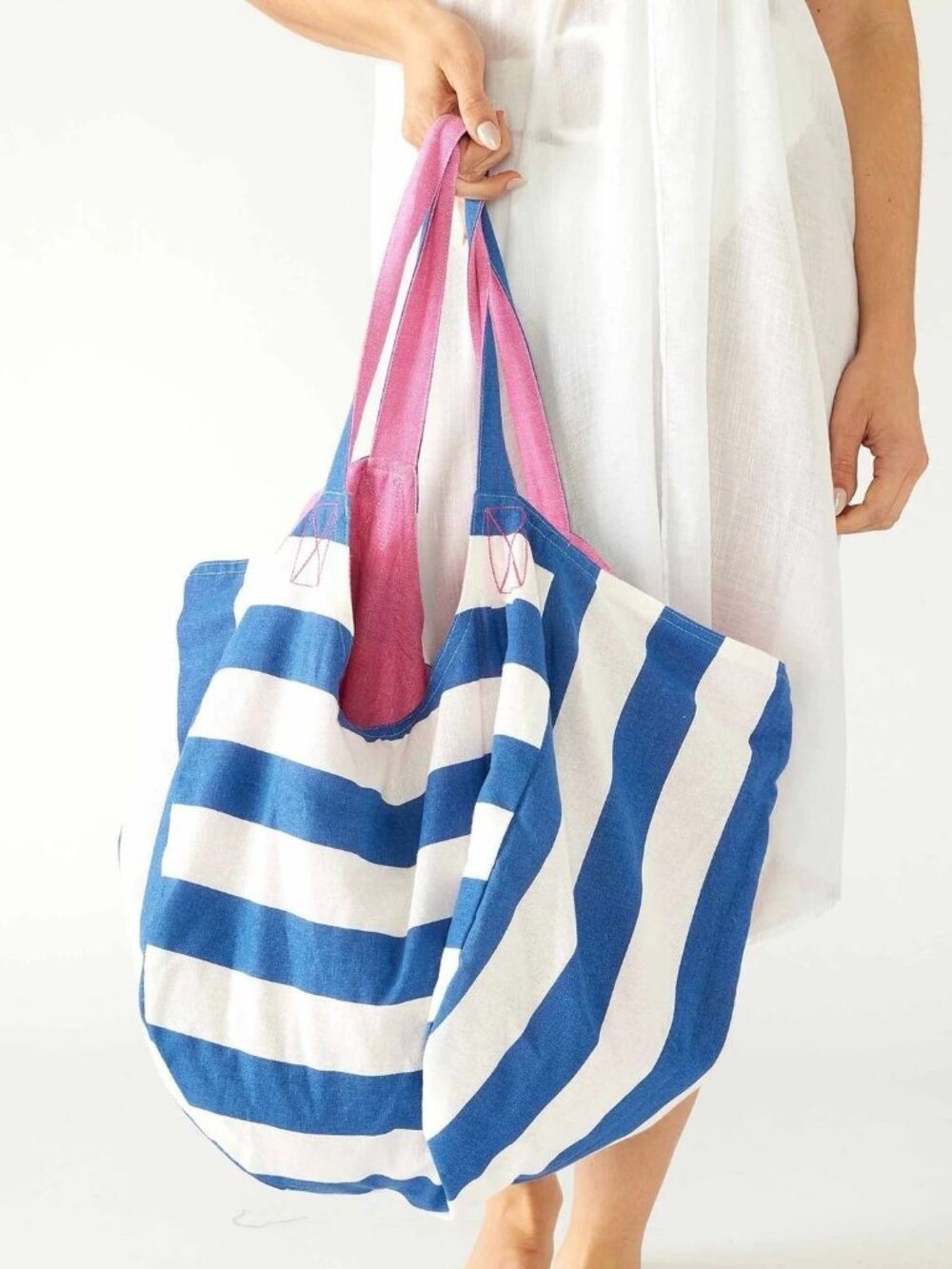 Mersea Gemini Reversible Beach Bag Tote - Blue / White Stripe & Pink